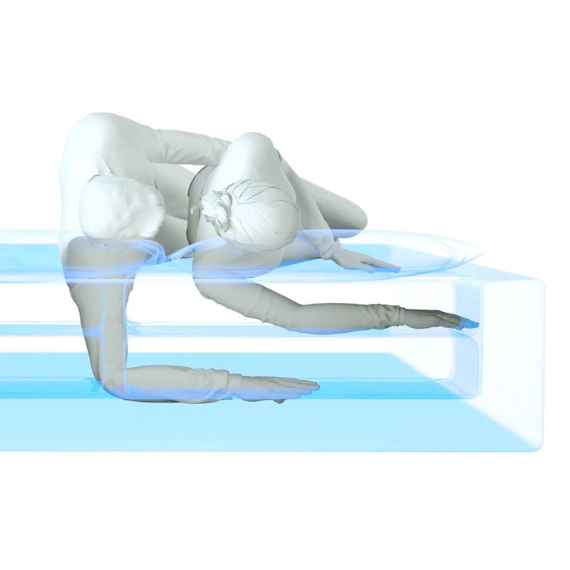 3D rendering of a couple spooning in the SONU mattress showing arms in comfortable, pressure free position, with a transparent view to see inside the mattress in light blue on white background, on a white background.